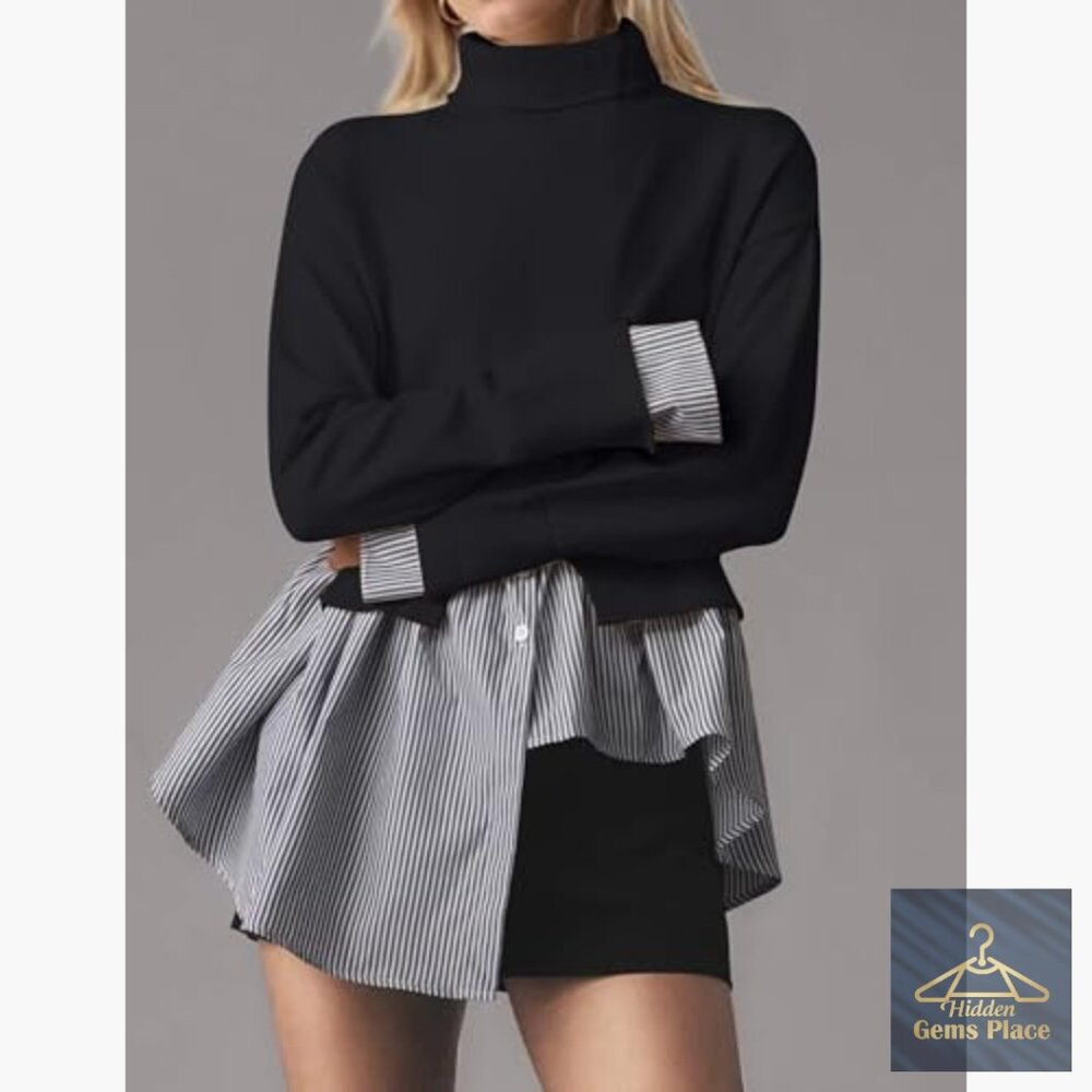Patchwork Turtleneck Sweater With Asymmetrical He… - image 3
